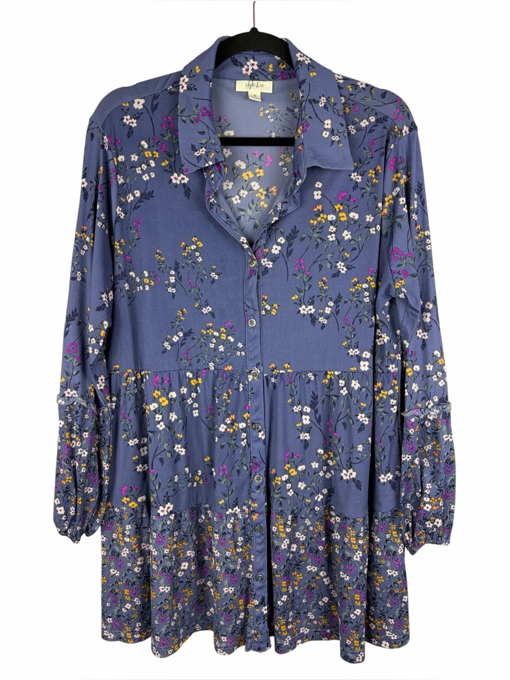 Style & Co Blue Floral Tiered Button Front Tunic Blouse 1X